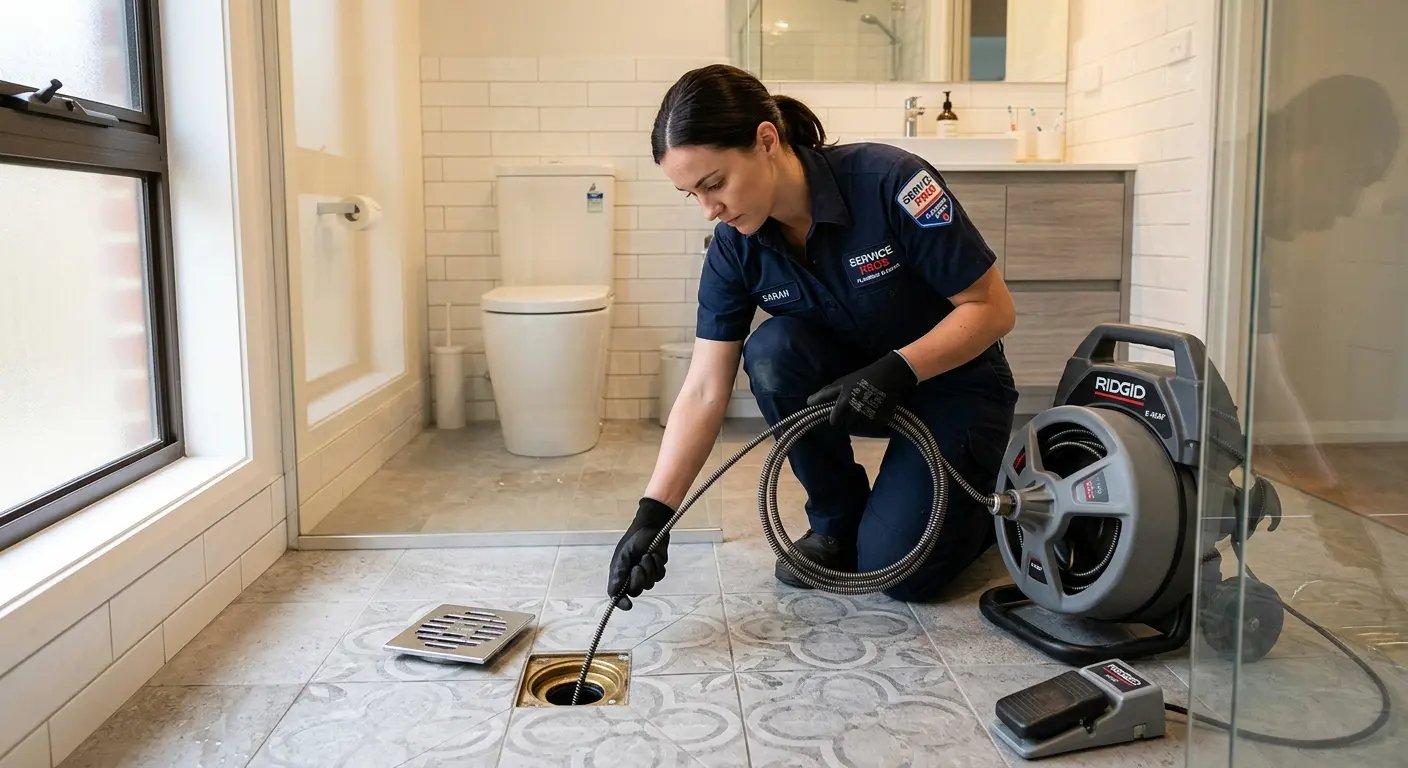 Technician clearing a bathroom floor drain for Sewer Line Installation in Barrington